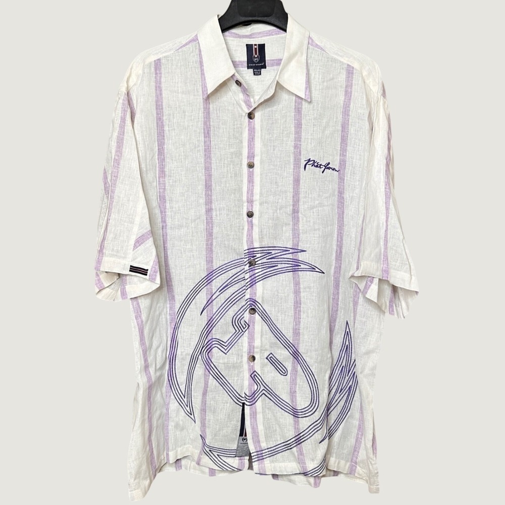 Phat Farm Linen Blend Mens XXL Button Down Shirt Purple Striped Embroidered Y2K